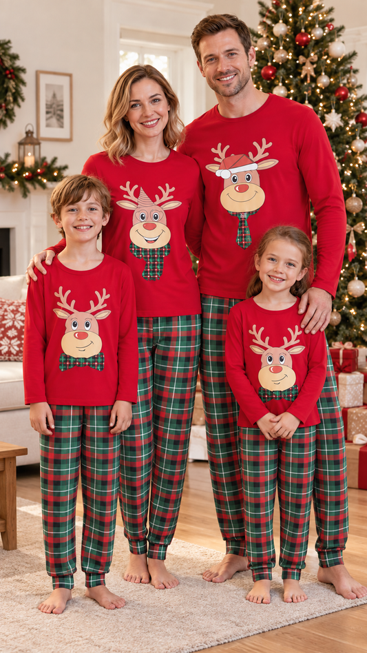 Family in matching red cartoon reindeer pajama tops, worn with red and green plaid pants.