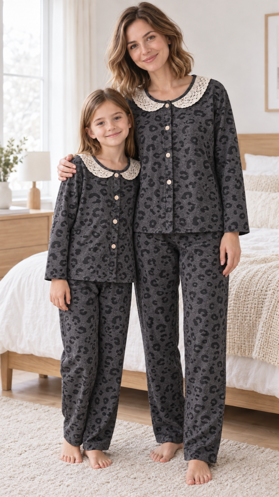 Mom and daughter in matching charcoal leopard button-up velvet pajamas with cream lace collars.