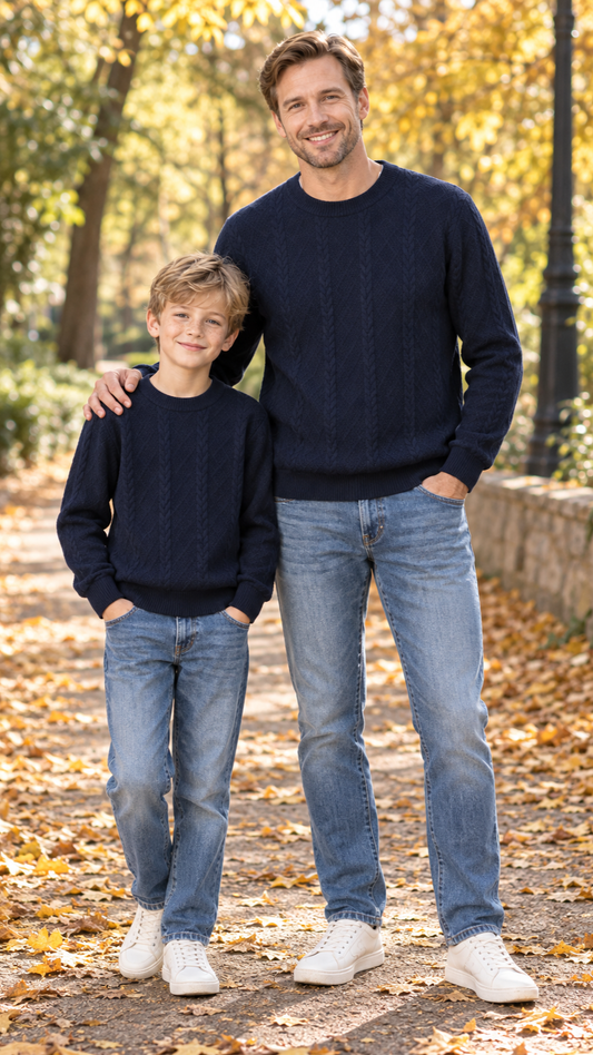 Dad and son in matching navy cable-knit crewneck sweaters.