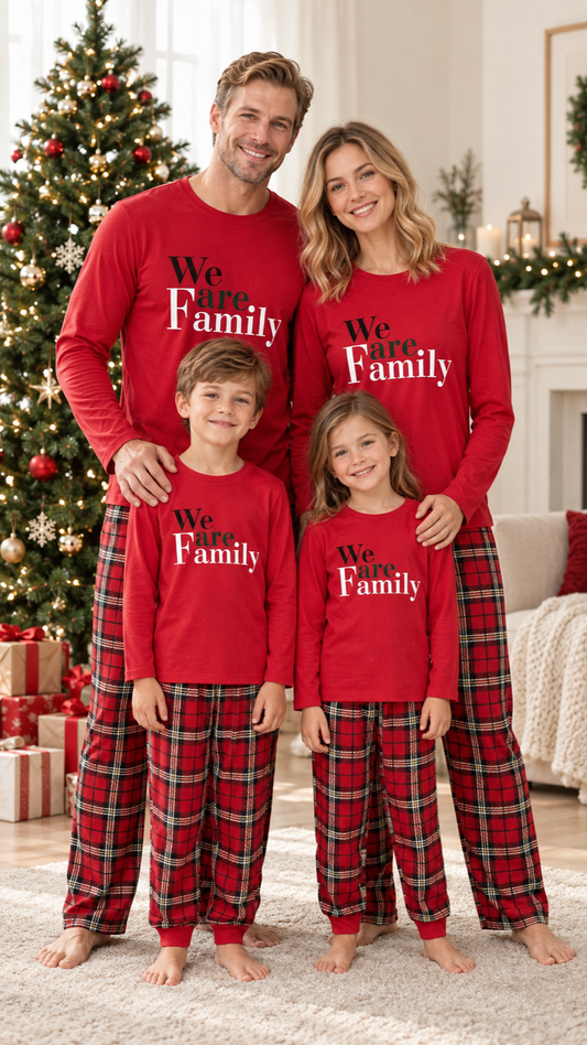 Family in matching red pajama tops that read We are Family, worn with red plaid pants.