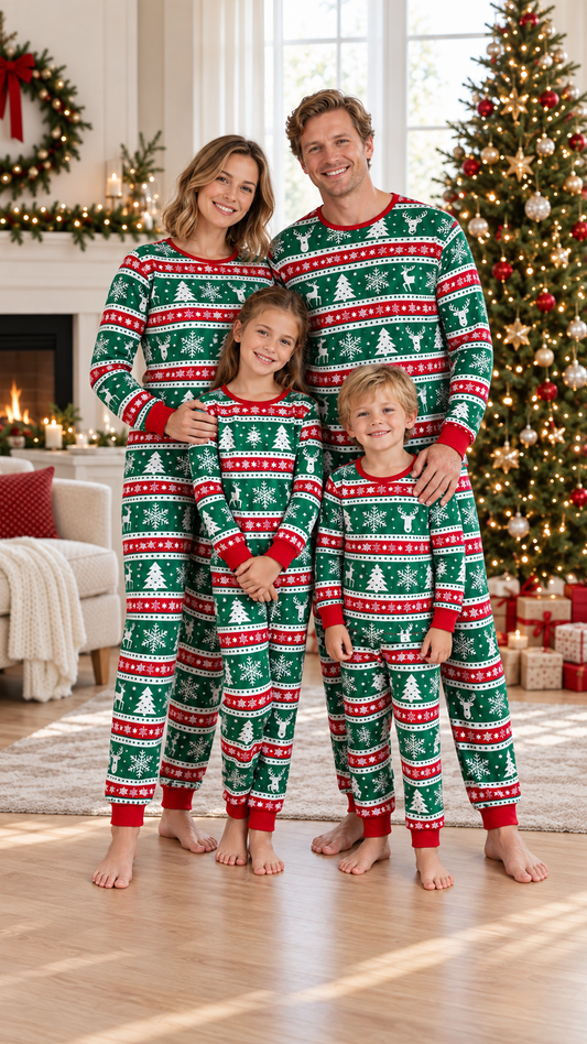 Family in matching green and white Fair Isle Christmas pajamas with trees, reindeer, and red cuffs.
