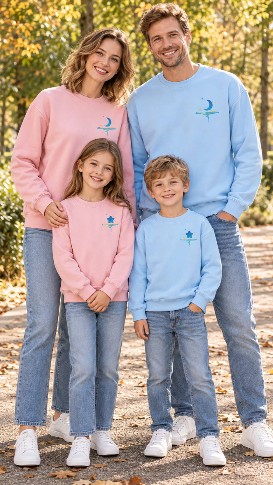 Family in matching light blue crewneck sweatshirts with a small moon print for parents and a star print for kids.