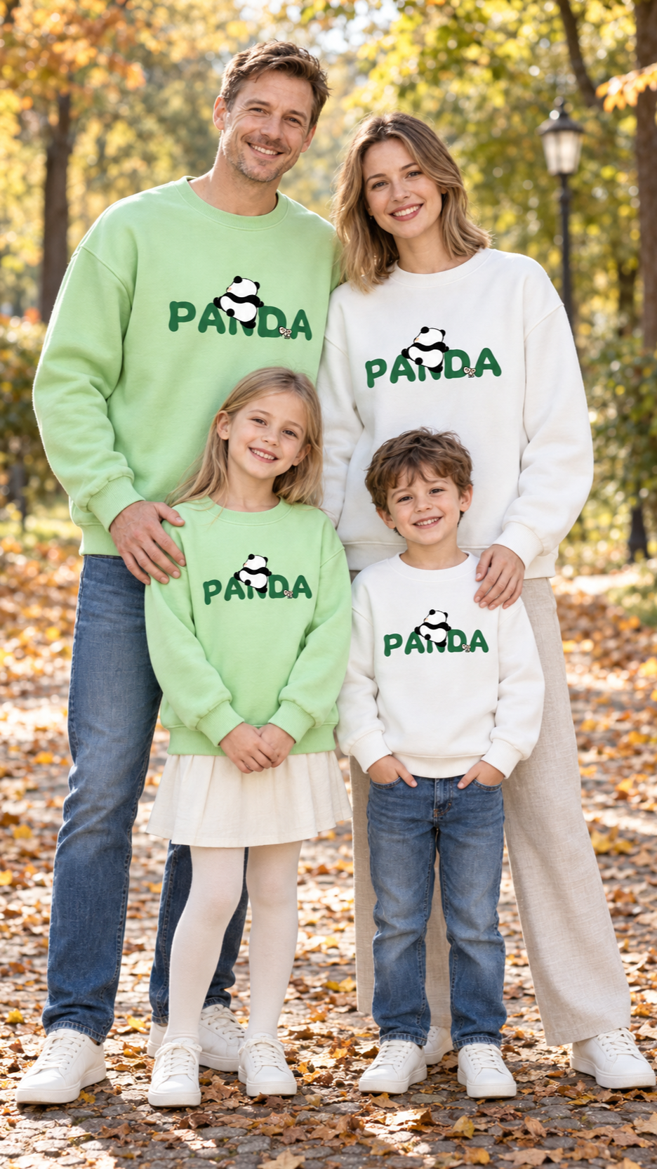 Family in matching green sweatshirts with a panda climbing the word PANDA on the chest.