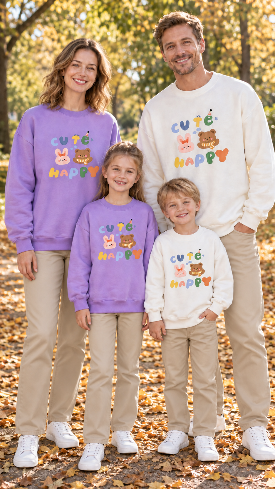 Family in matching cream crewneck sweatshirts with a bunny and bear CUTE HAPPY print