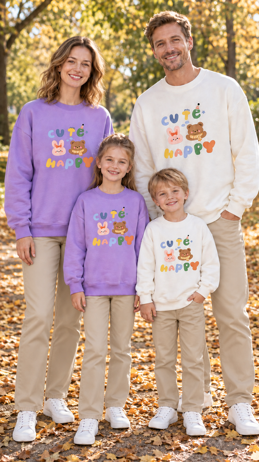 Family in matching cream crewneck sweatshirts with a bunny and bear CUTE HAPPY print
