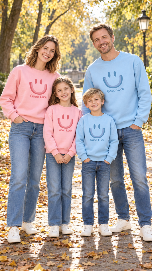 Family in matching pink and light blue sweatshirts with a big smiley face and GOOD LUCK lettering.
