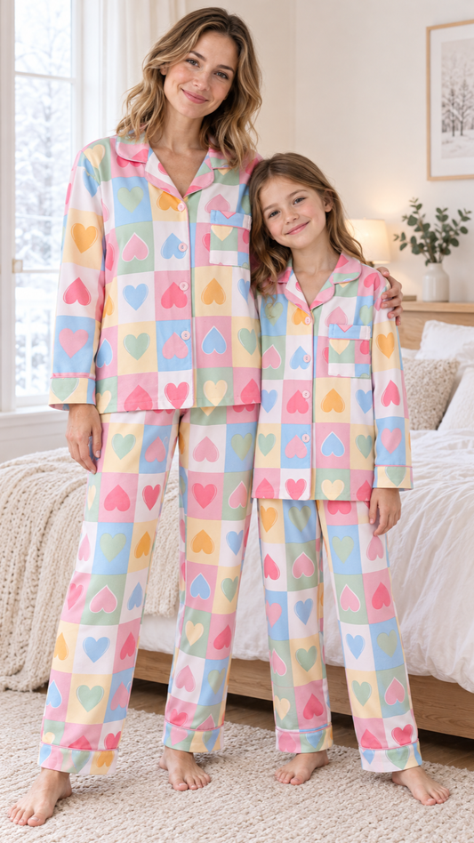 Mom and daughter in matching pastel heart-patchwork button-up velvet pajamas with notched collars.