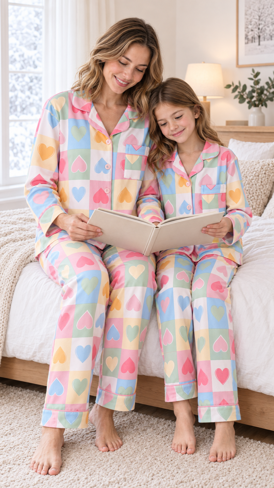 Family in matching Rainbow Hearts Christmas pajamas on Christmas morning by the tree.