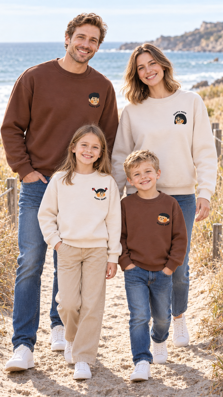 Family out together in matching Happy Faces sweatshirts.