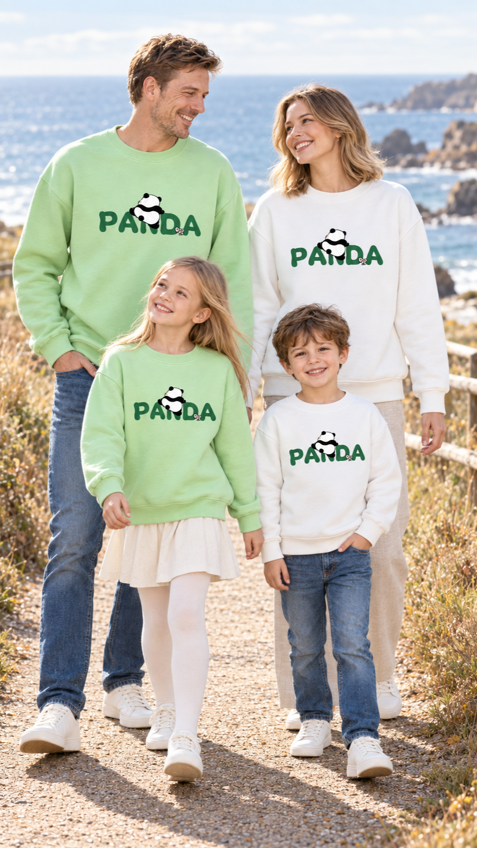 Family out together in matching Panda sweatshirts.