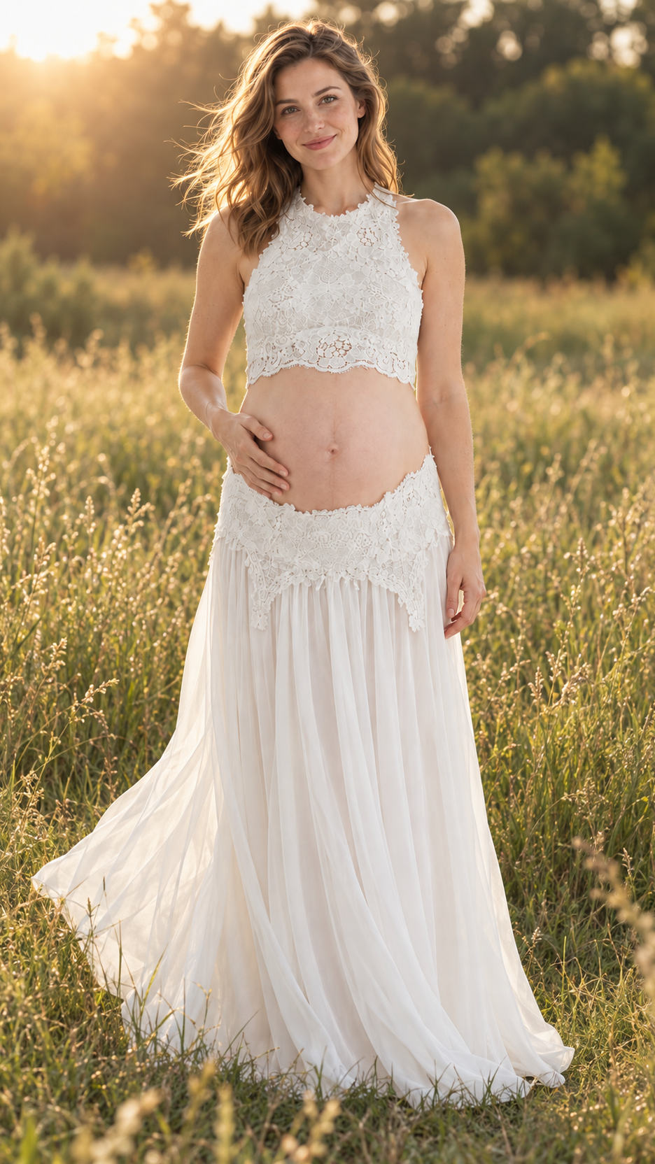 Maternity photoshoot outdoors at golden hour in a white lace top and flowing skirt