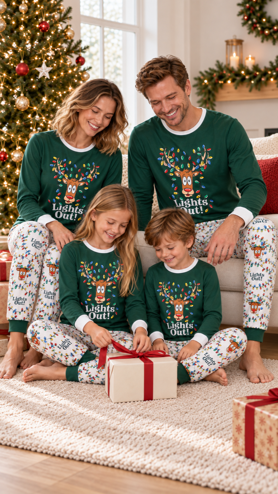 Family in matching Lights Out Reindeer Christmas pajamas on Christmas morning by the tree.