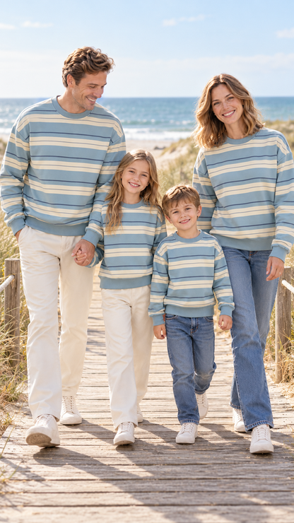 Family out together in matching Sky Blue Stripe sweatshirts.