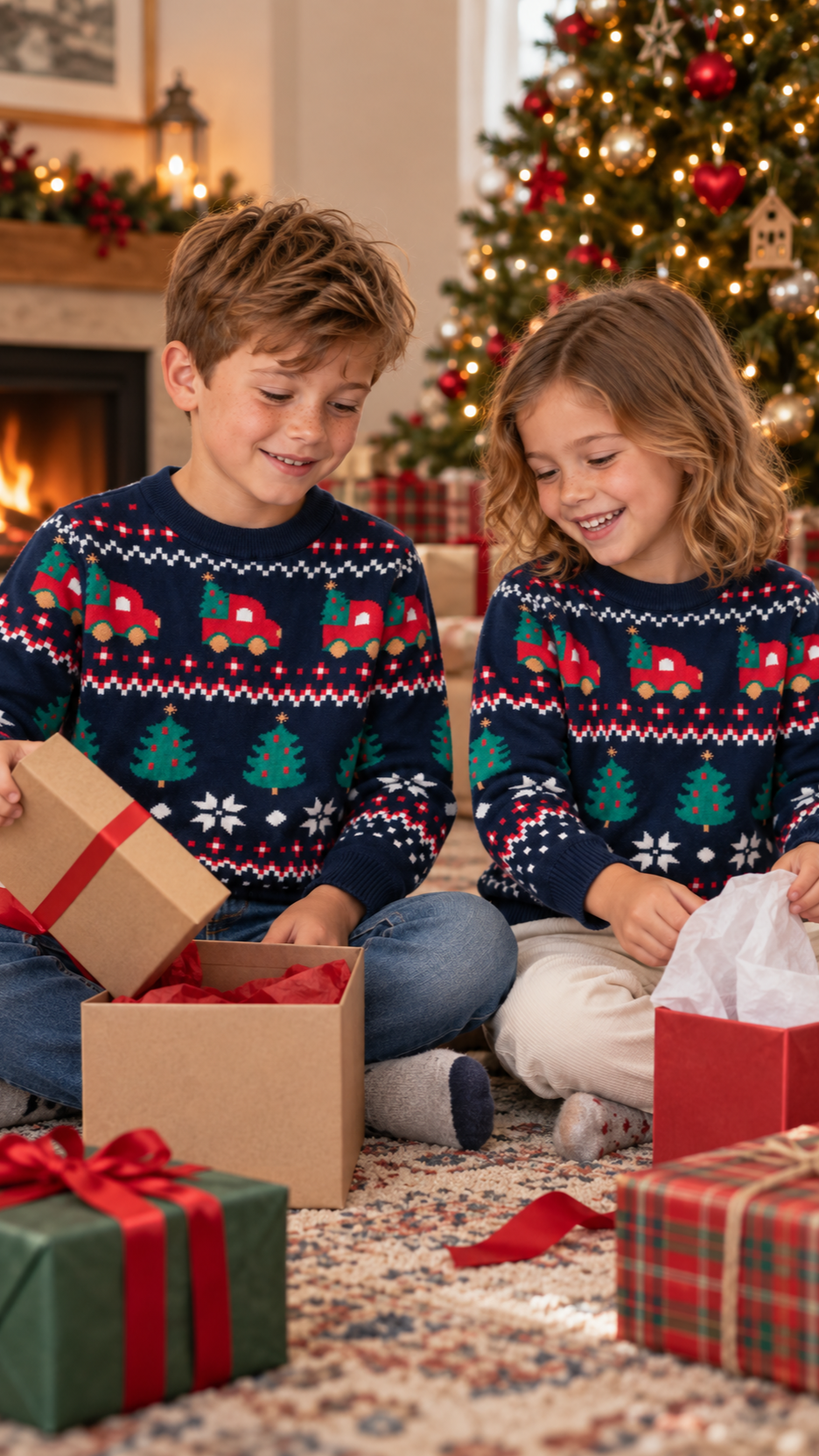 Siblings opening gifts on Christmas morning in matching red truck Fair Isle sweaters.