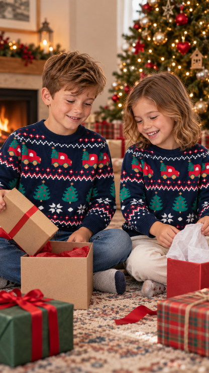 Siblings opening gifts on Christmas morning in matching red truck Fair Isle sweaters.