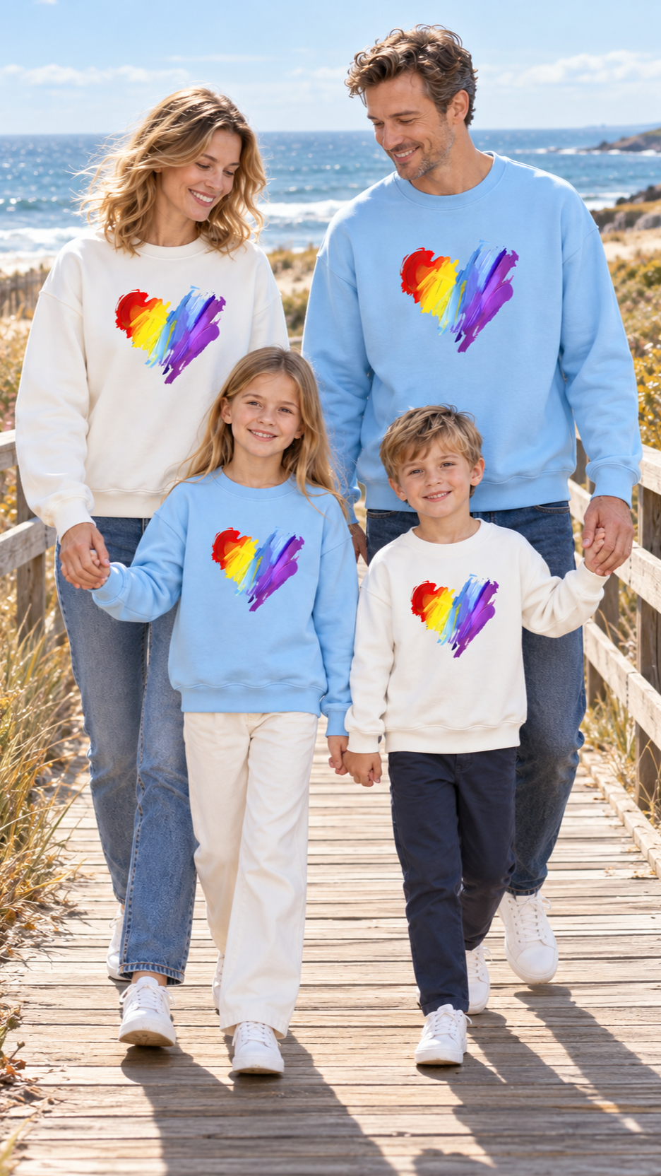 Family out together in matching Scribble Heart sweatshirts.