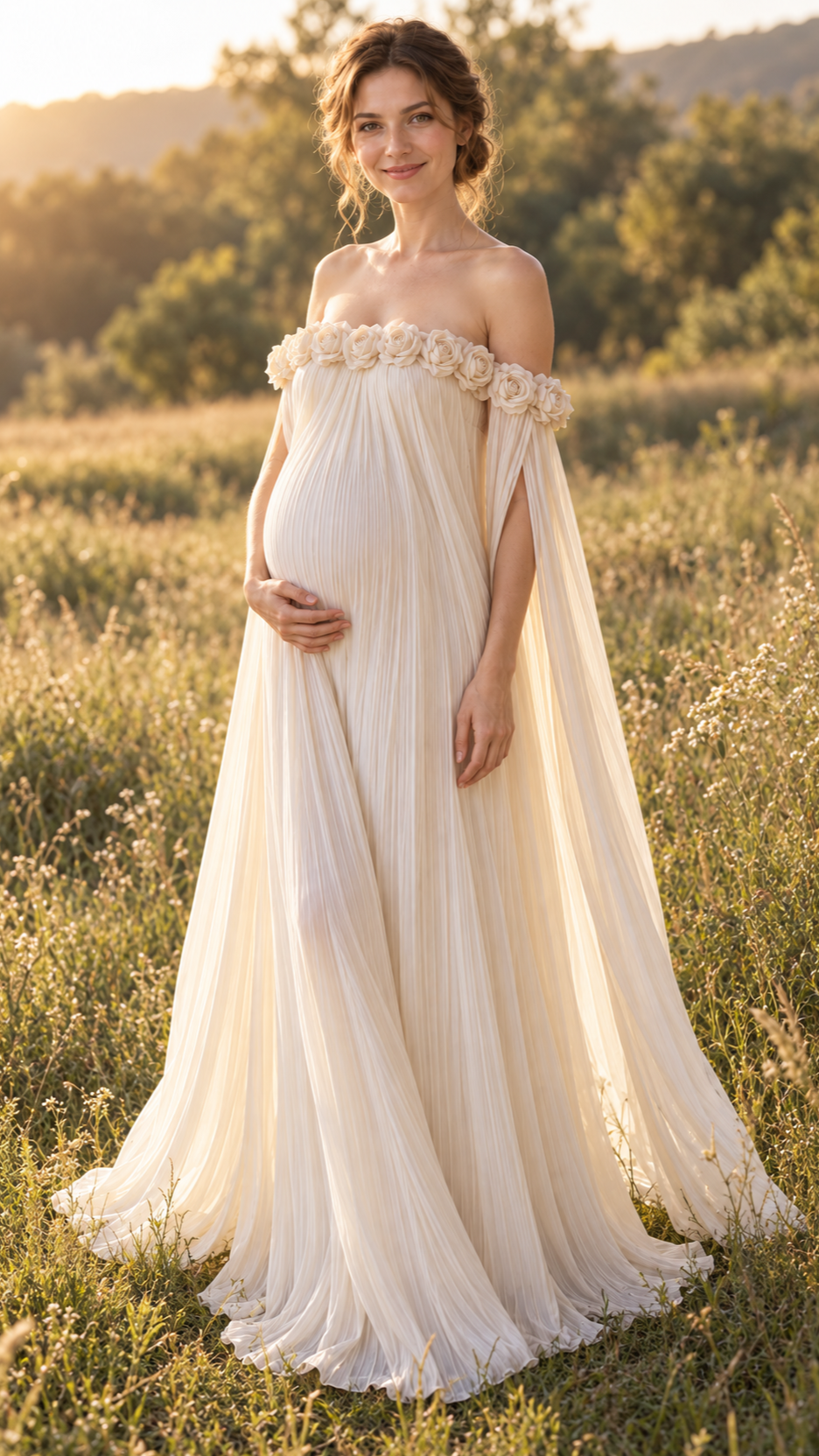 Maternity photoshoot outdoors at golden hour in a flowing ivory pleated dress