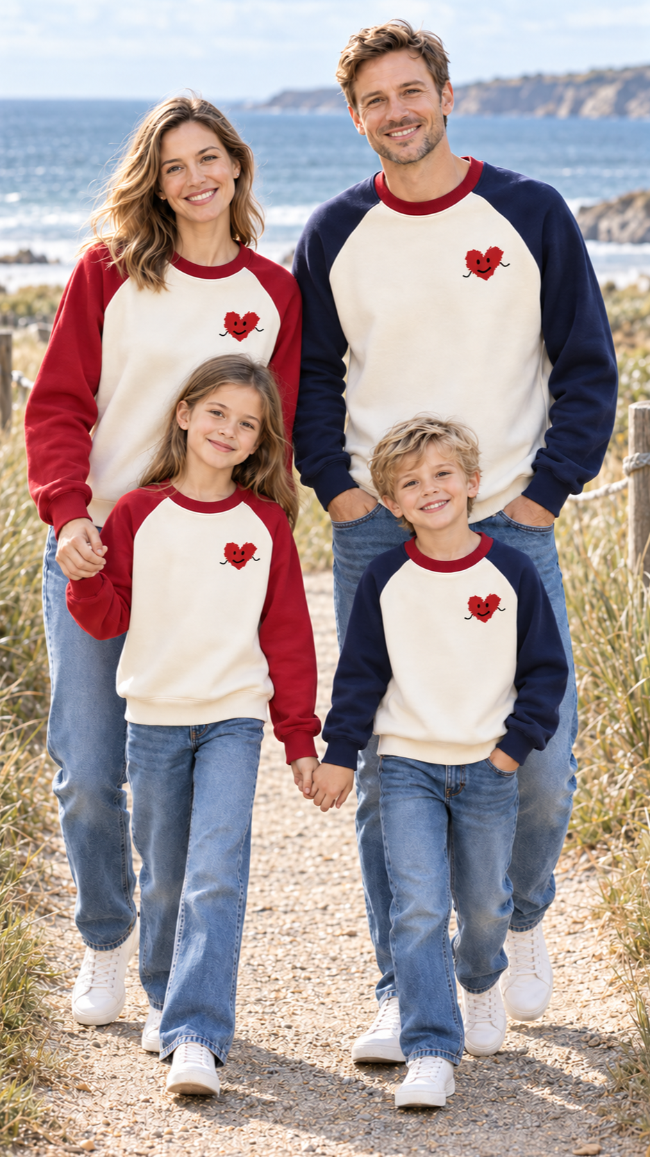 Family out together in matching Smiley Heart sweatshirts.