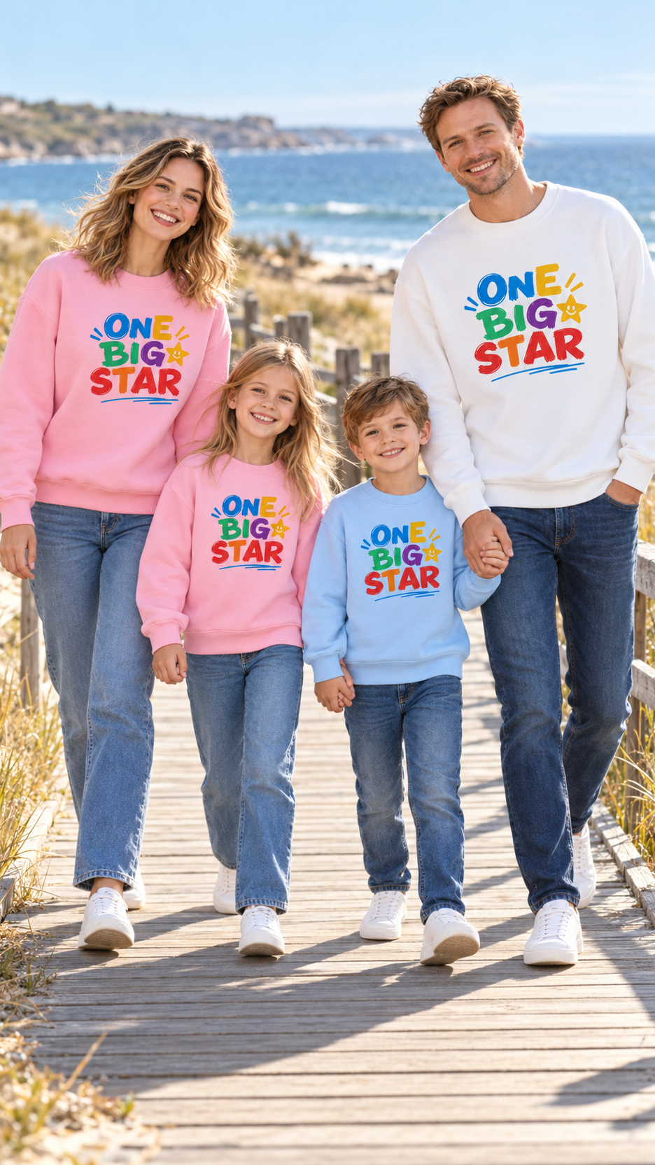 Family out together in matching One Big Star sweatshirts.