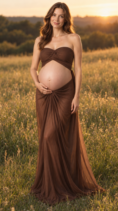 Maternity photoshoot outdoors at golden hour in a chocolate brown bandeau top and flowing sheer skirt