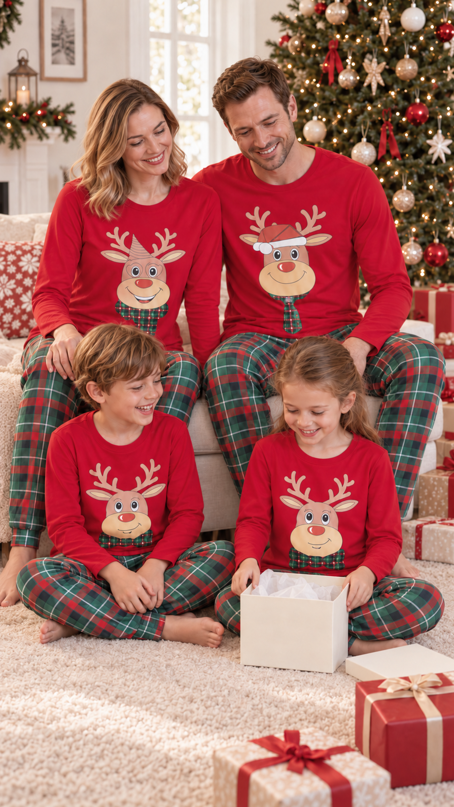 Family in matching Plaid Reindeer Christmas pajamas on Christmas morning by the tree.