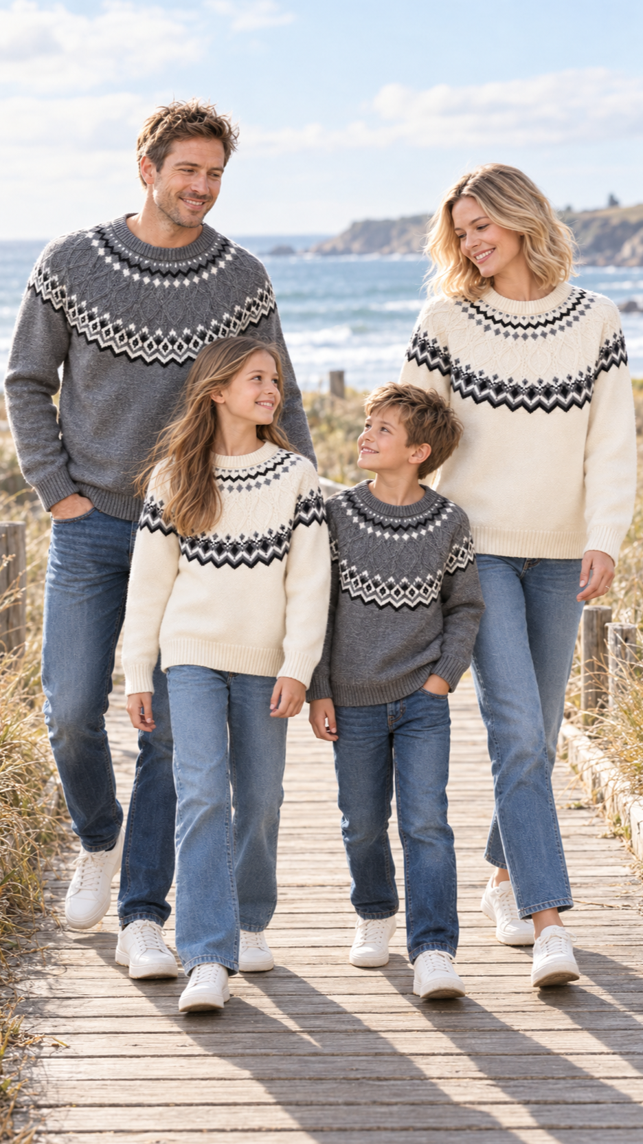 Family out together in matching Nordic Yoke knit sweaters.