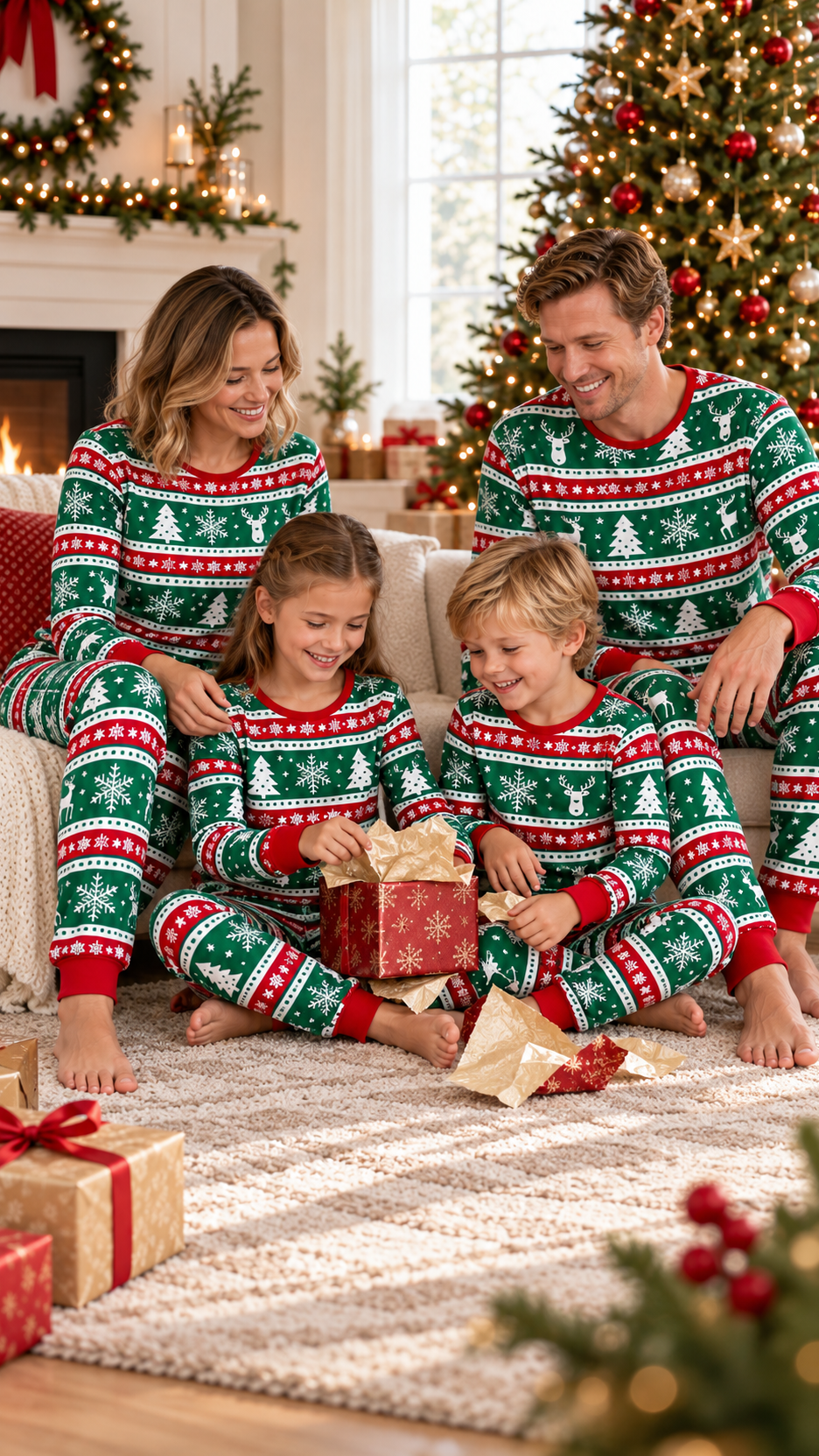 Family in matching Evergreen Fair Isle Christmas pajamas on Christmas morning by the tree.