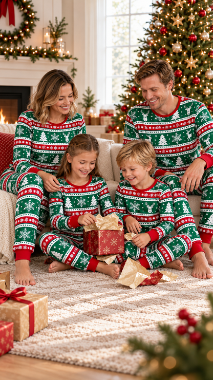 Family in matching Evergreen Fair Isle Christmas pajamas on Christmas morning by the tree.