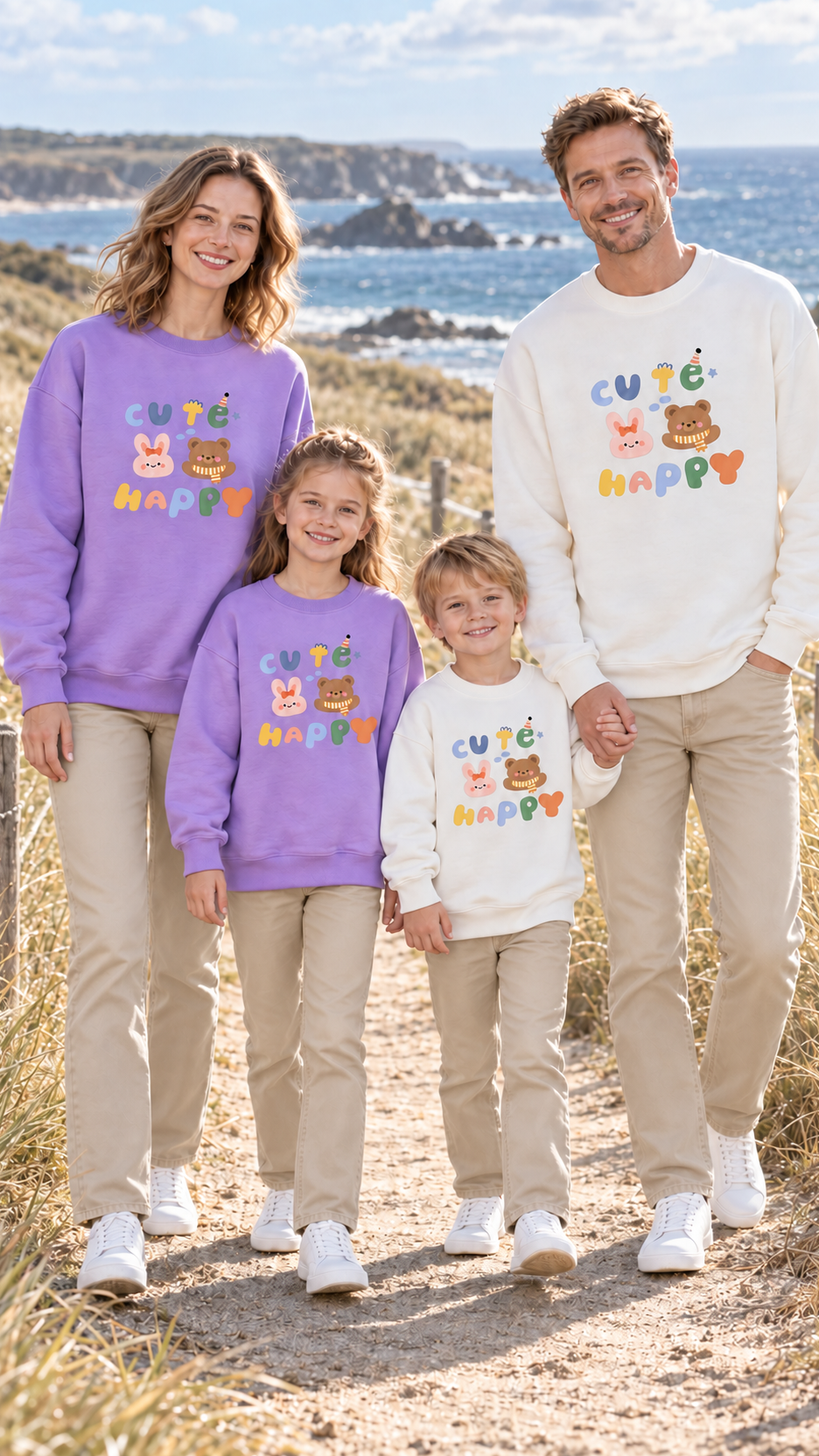 Family out together in matching Cute Happy Bunny Bear sweatshirts.