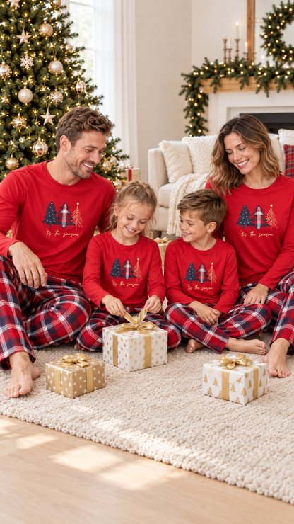 Familj i matchande Plaid Tree Trio-julpyjamasar vid granen på juldagsmorgonen