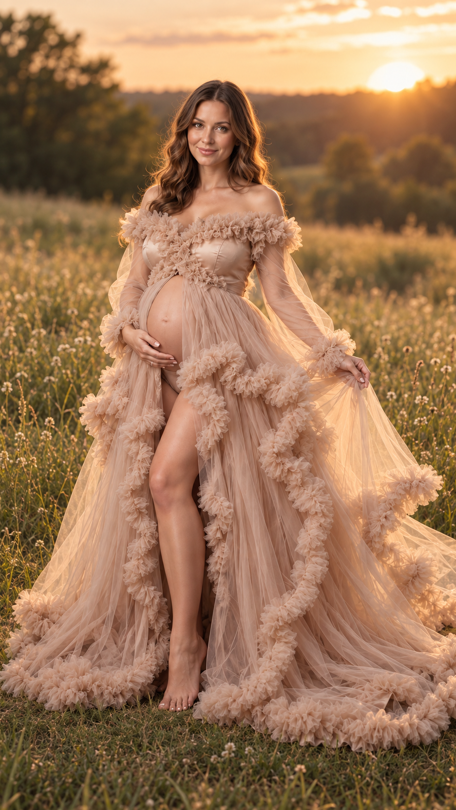 Maternity photoshoot outdoors at golden hour in a nude blush ruffled tulle gown