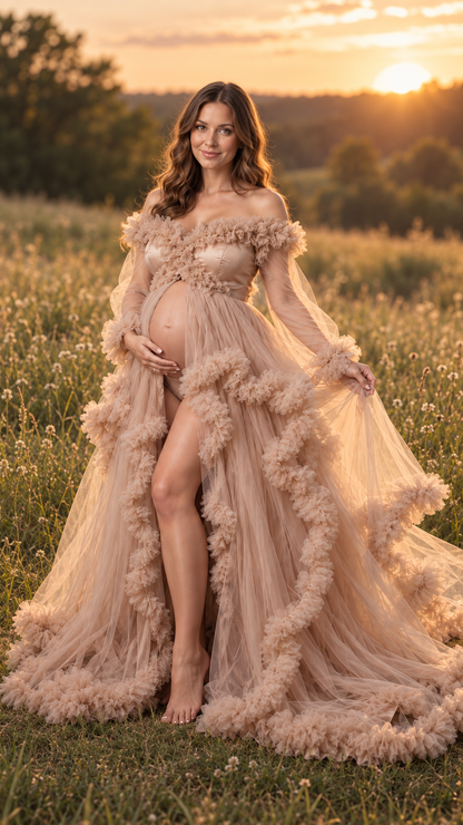 Maternity photoshoot outdoors at golden hour in a nude blush ruffled tulle gown