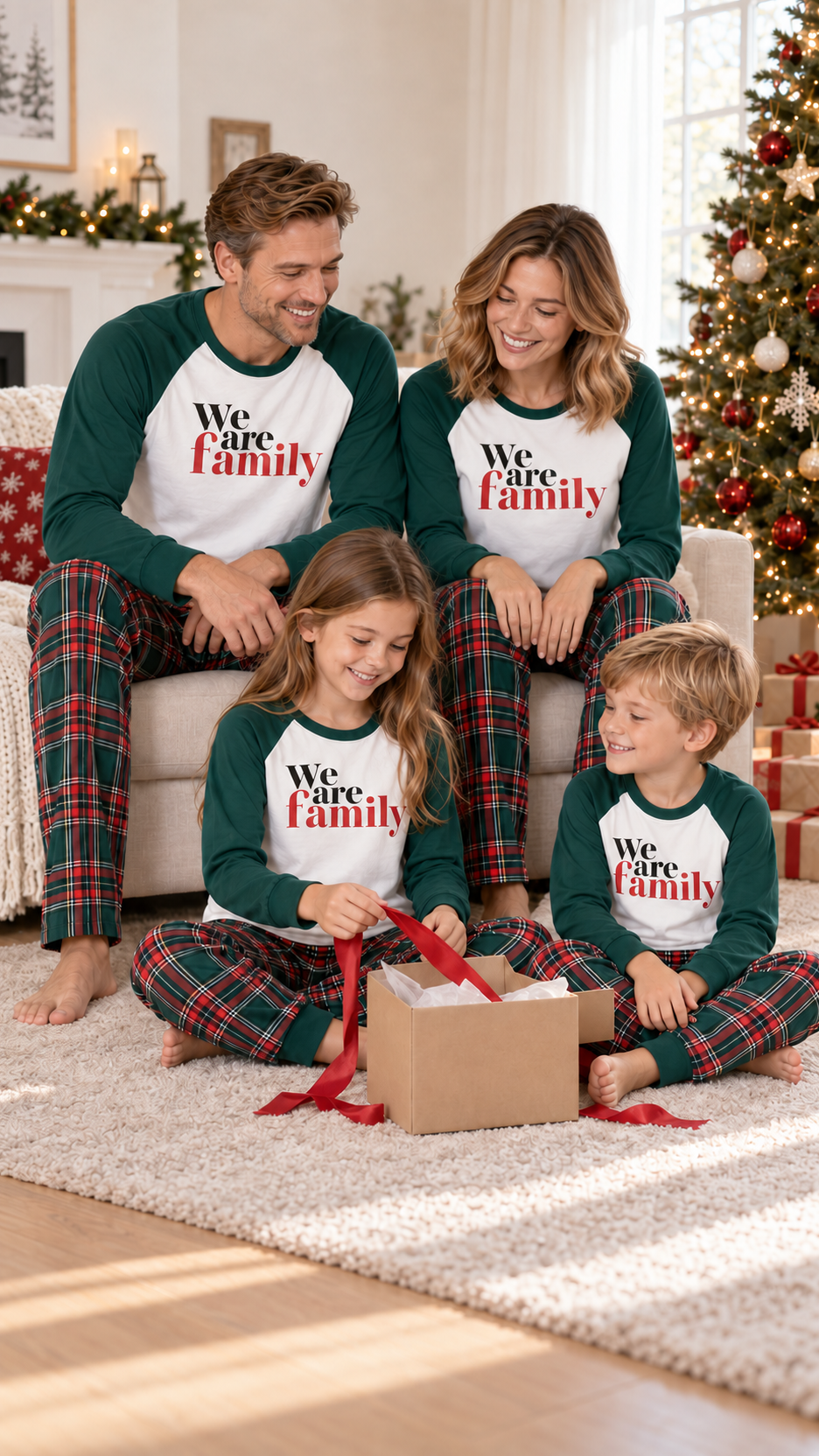 Family in matching We Are Family Evergreen Christmas pajamas on Christmas morning by the tree.