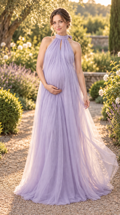 Maternity photoshoot outdoors at golden hour in a flowing lavender halter mesh gown