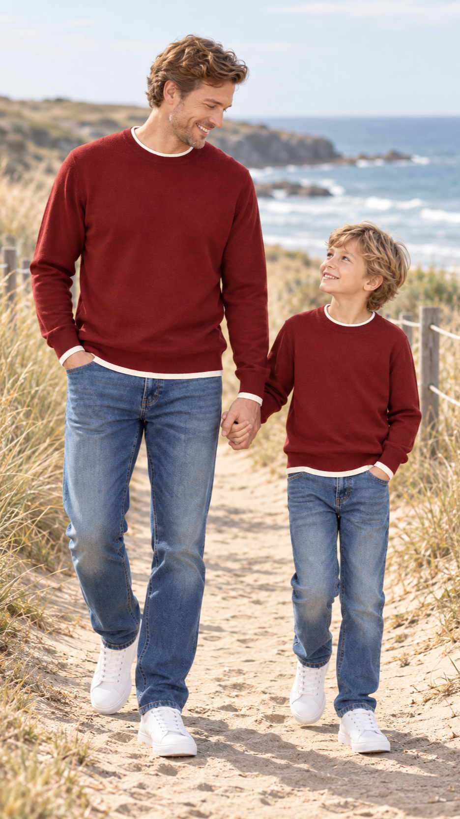 Dad and son out together in matching Burgundy Trim Crew knit sweaters.