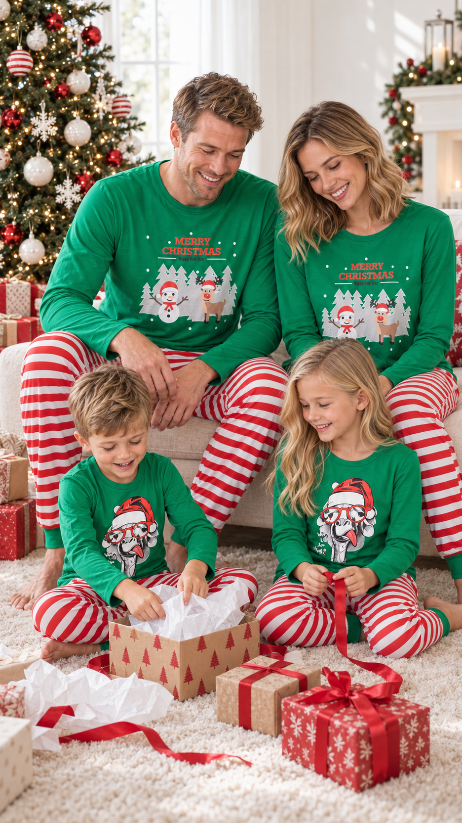Family in matching Snowy Village Stripes Christmas pajamas on Christmas morning by the tree.