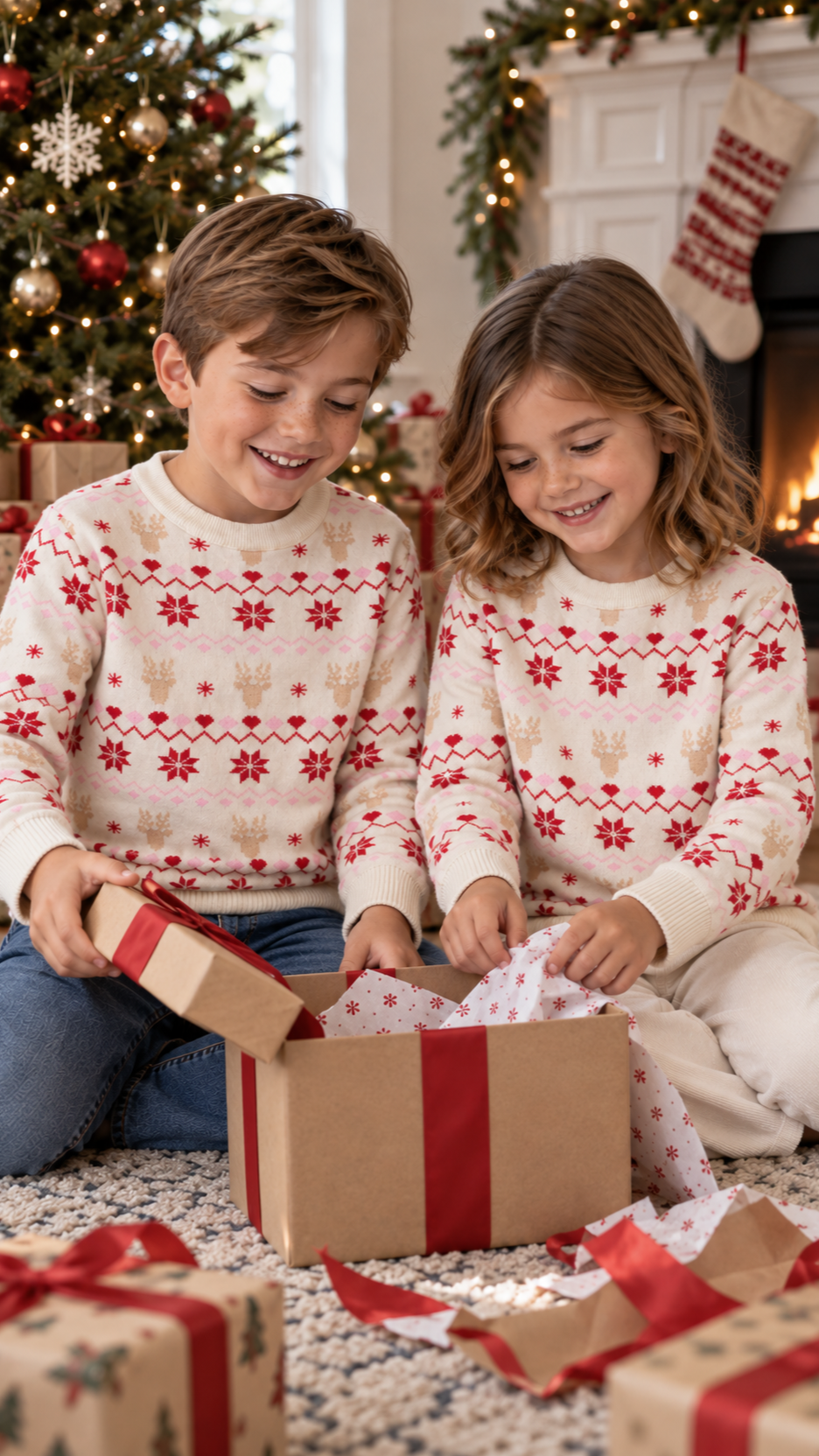 Siblings opening gifts on Christmas morning in matching Nordic hearts Fair Isle sweaters.