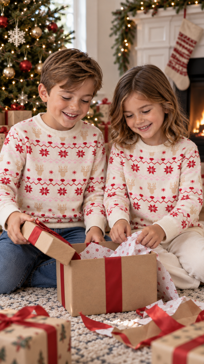 Siblings opening gifts on Christmas morning in matching Nordic hearts Fair Isle sweaters.
