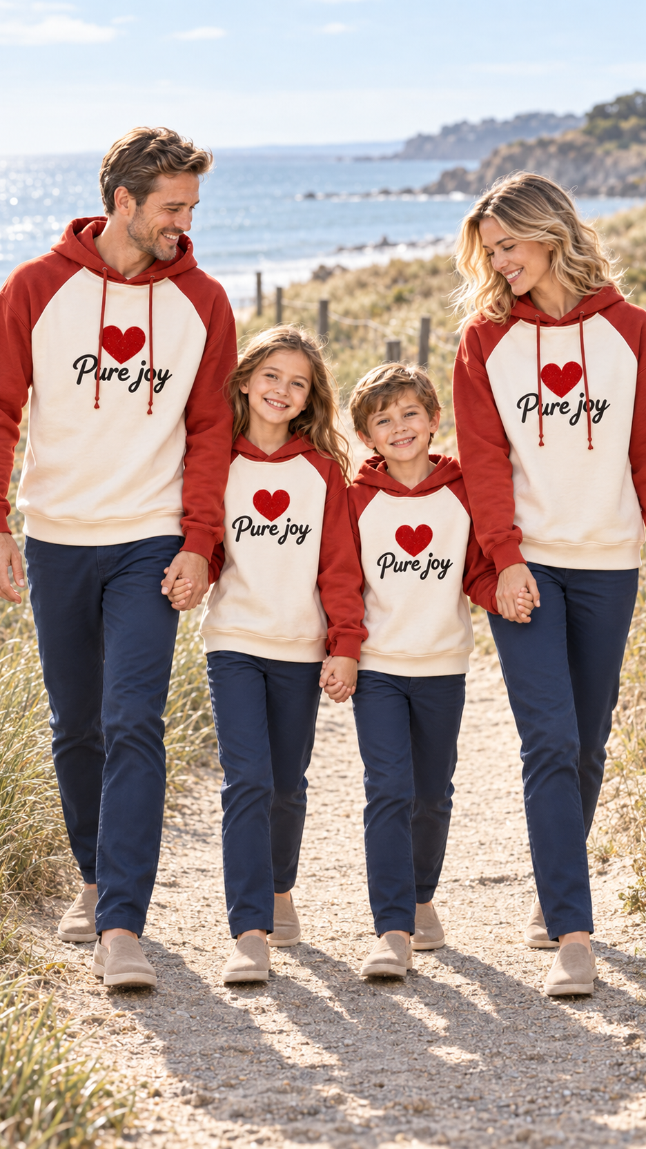 Family out together in matching Pure Joy Heart sweatshirts.