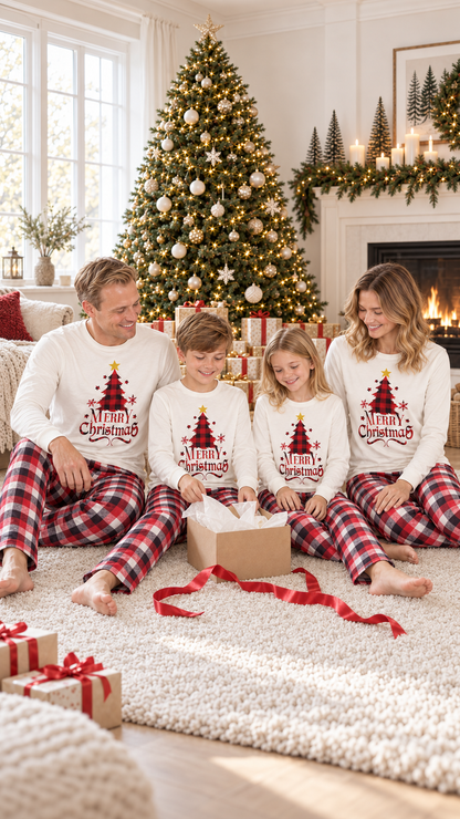 Family in matching Buffalo Plaid Tree Christmas pajamas on Christmas morning by the tree.