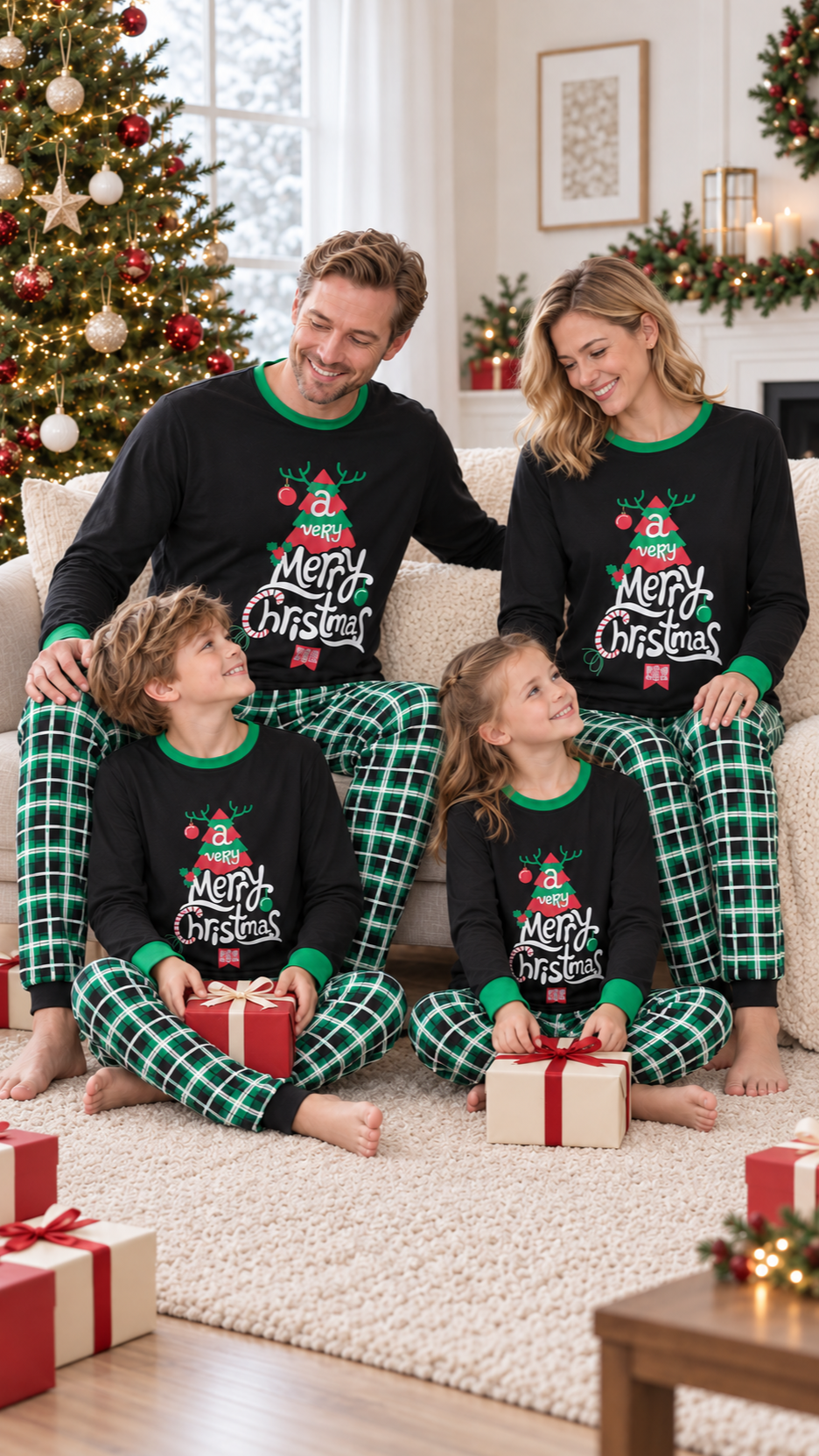 Family in matching Green Plaid Merry Tree Christmas pajamas on Christmas morning by the tree.