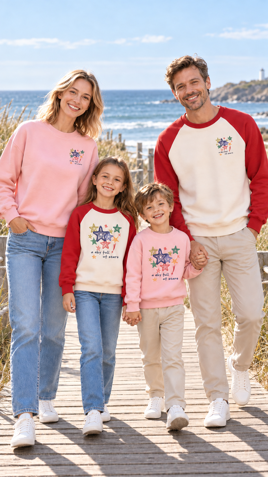 Family out together in matching Starry Sky sweatshirts.
