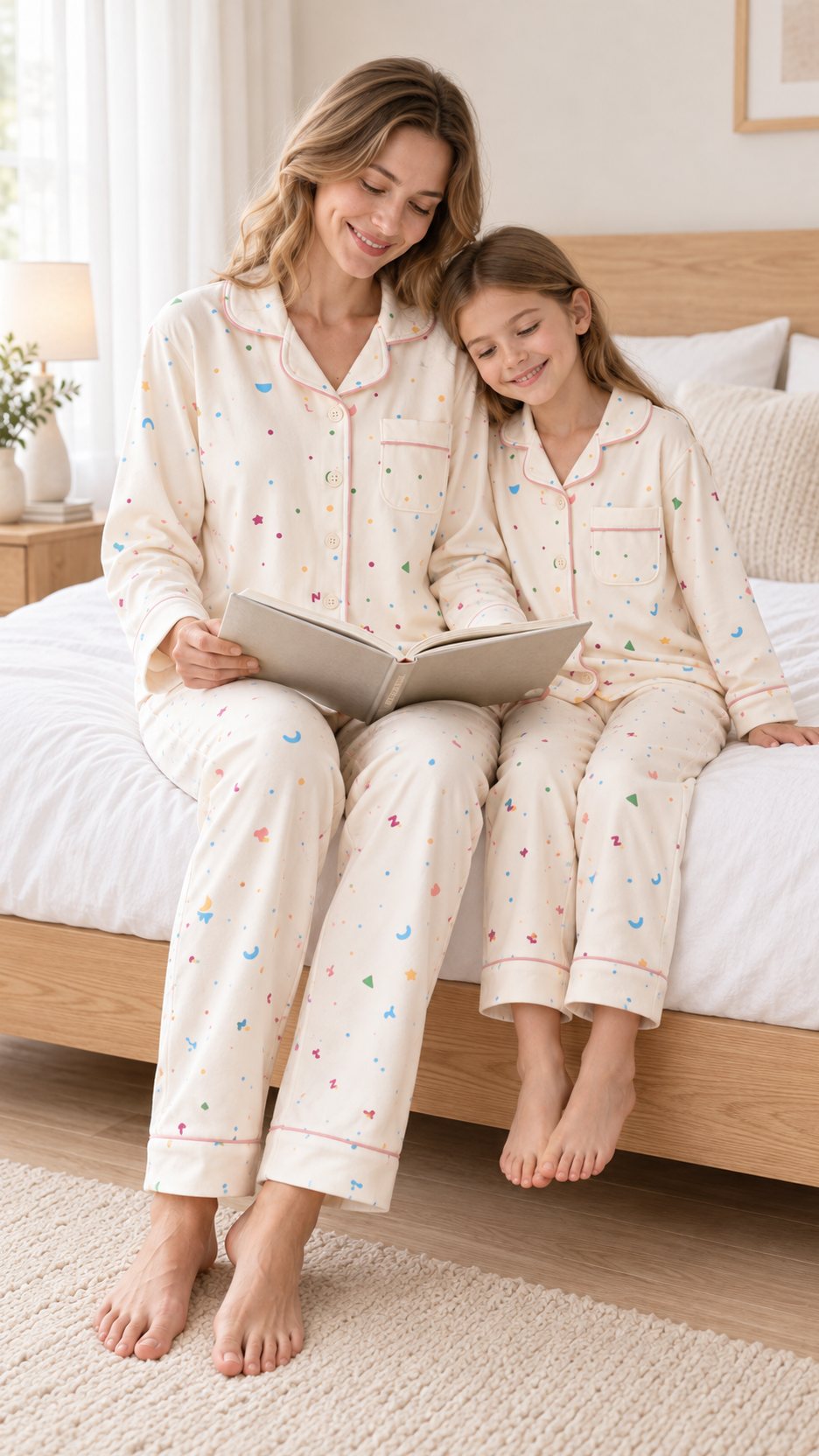 Family in matching Confetti Dots Christmas pajamas on Christmas morning by the tree.