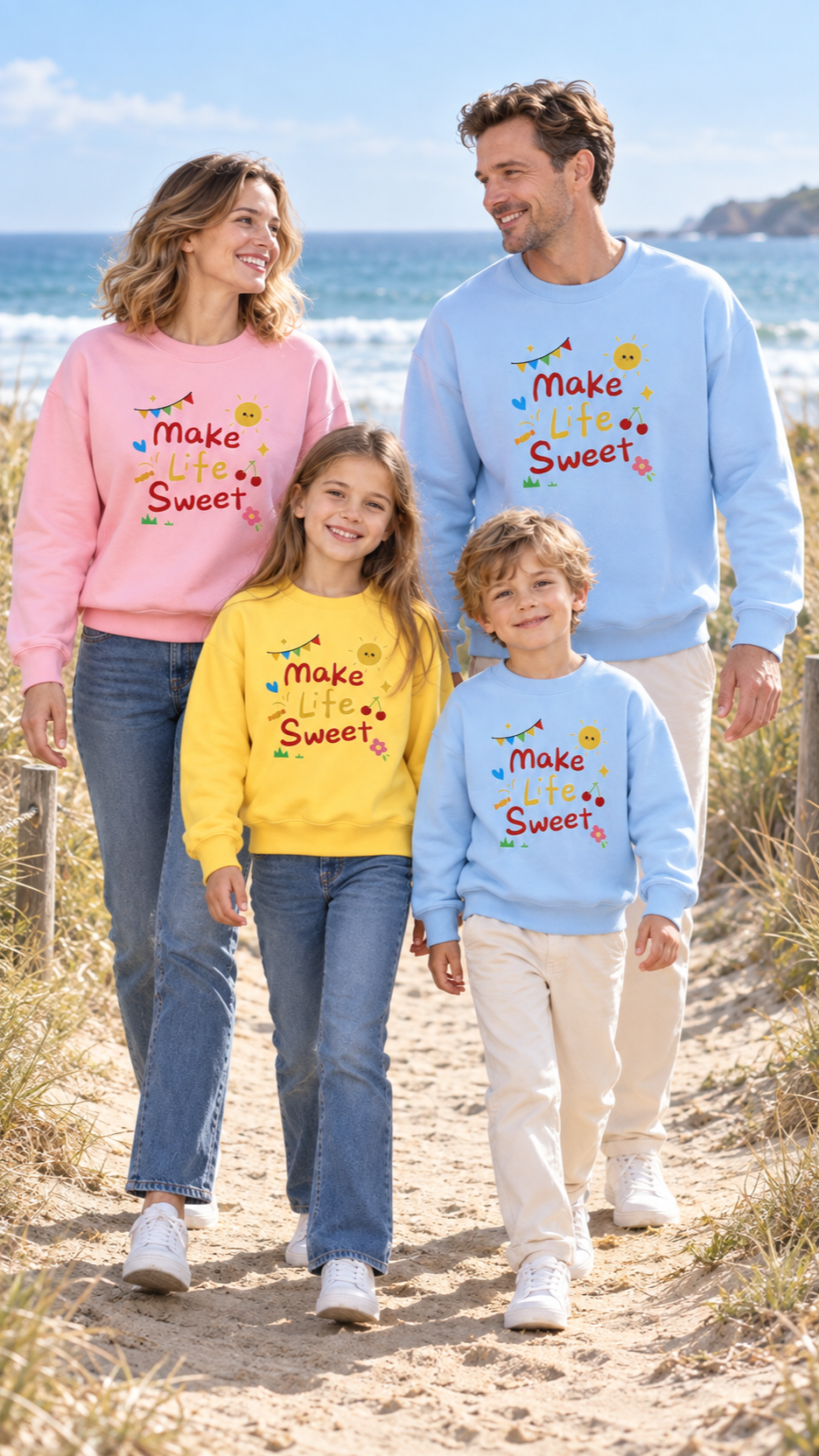 Family out together in matching Make Life Sweet sweatshirts.