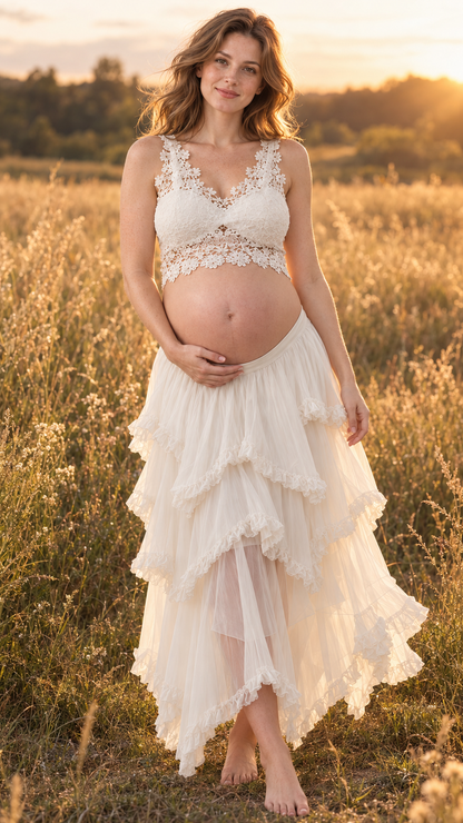 Maternity photoshoot outdoors at golden hour in an ivory lace top and tiered ruffle skirt