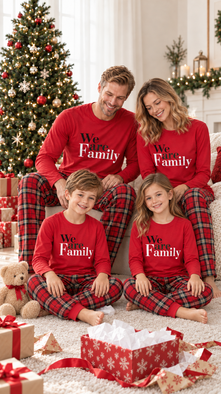 Family in matching We Are Family Red Christmas pajamas on Christmas morning by the tree.