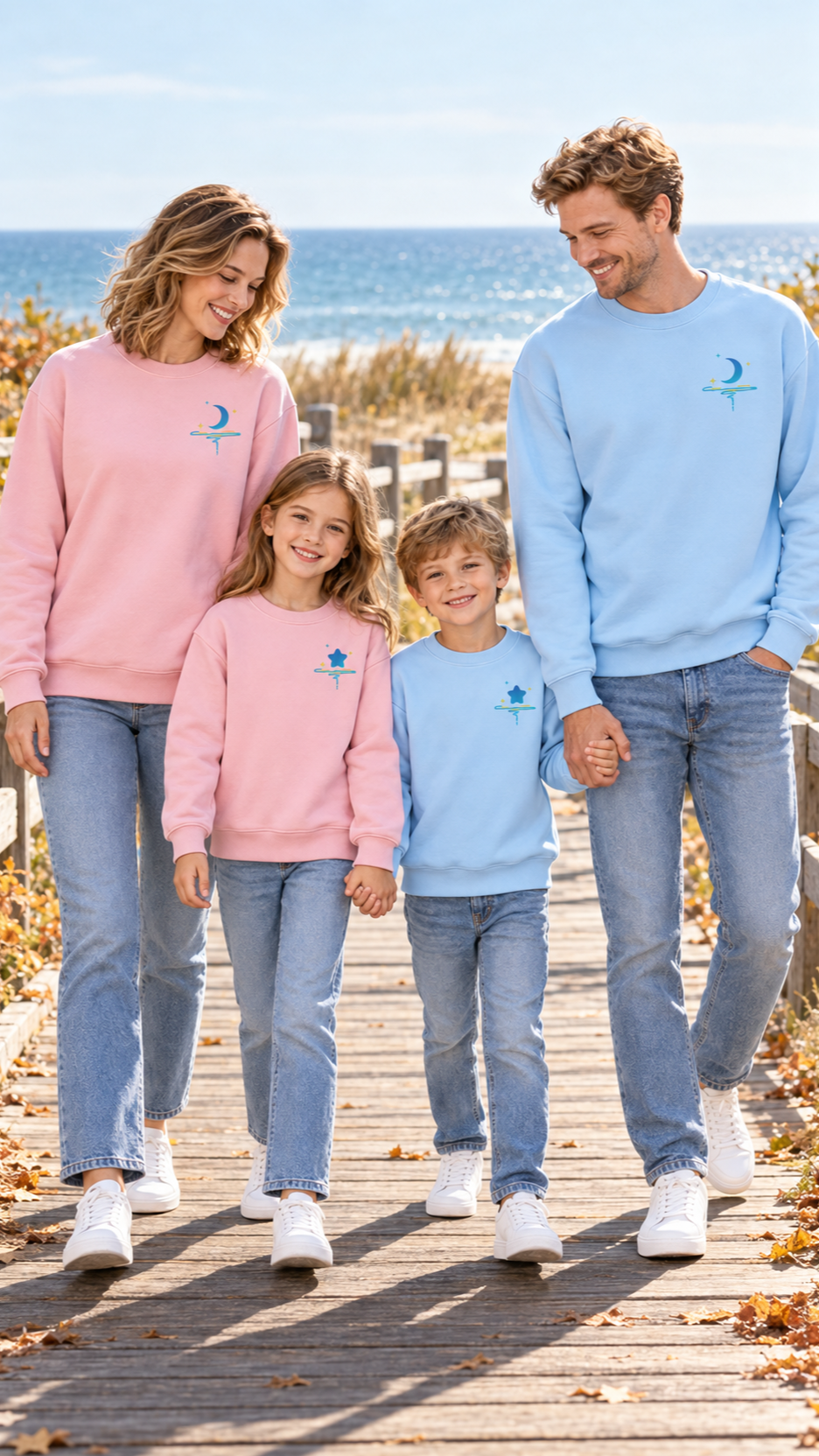Family out together in matching Moon and Star sweatshirts.