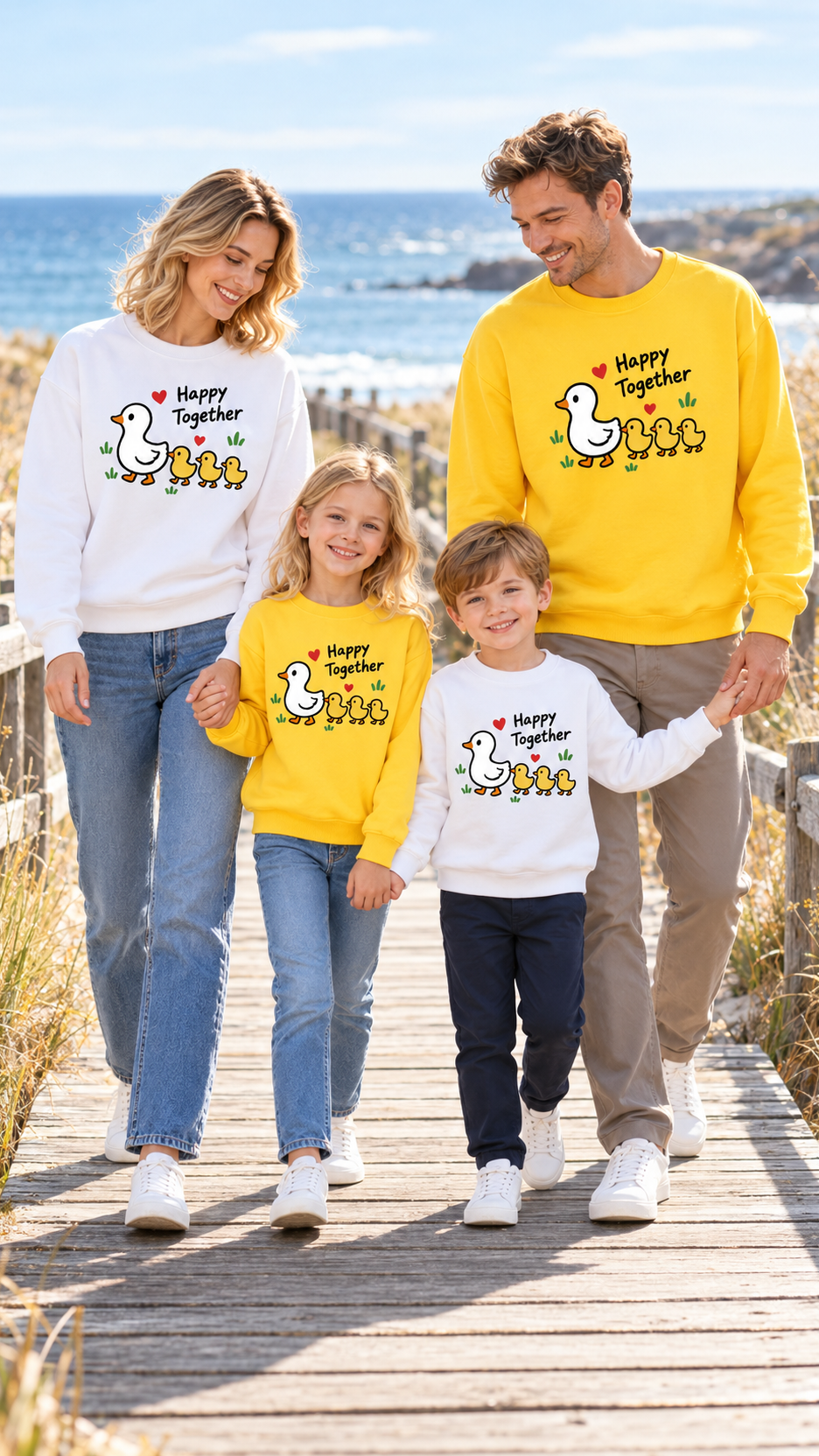 Family out together in matching Duck Parade sweatshirts.