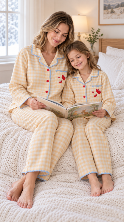 Family in matching Tomato Gingham Christmas pajamas on Christmas morning by the tree.