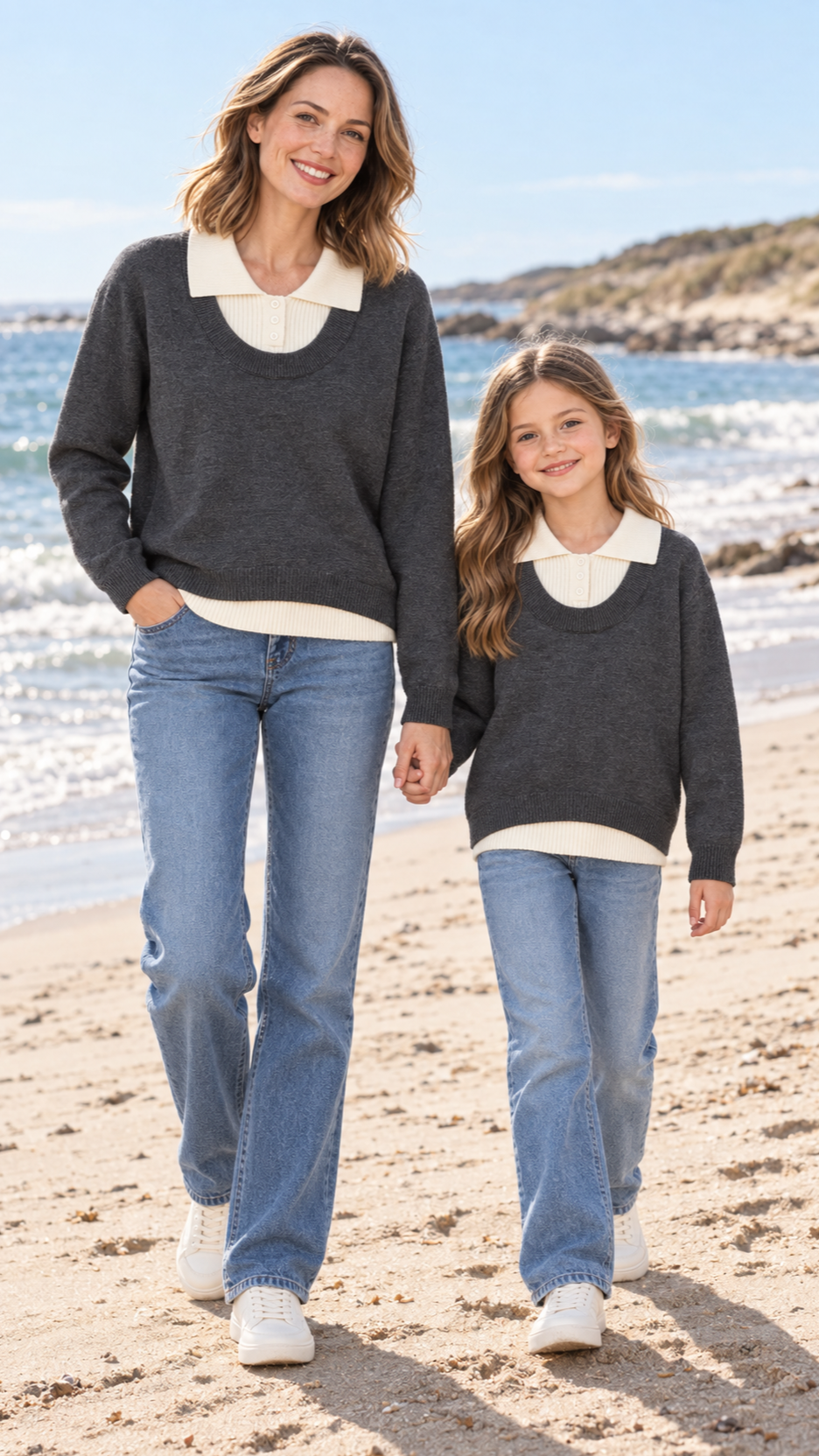 Mom and daughter out together in matching Charcoal Cream Collar knit sweaters.